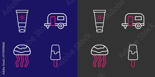 Set line Ice cream, Jellyfish, Rv Camping trailer and Sunscreen tube icon. Vector