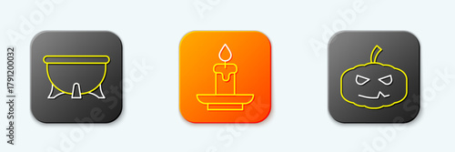 Set line Halloween witch cauldron, Burning candle and Pumpkin icon. Vector
