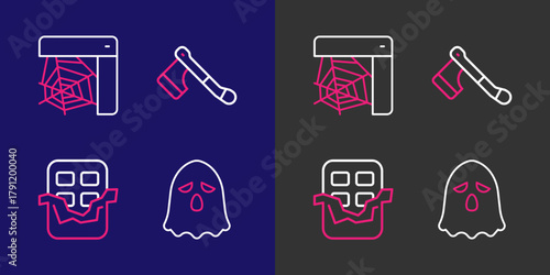 Set line Ghost, Chocolate bar, Wooden axe and Spider web icon. Vector