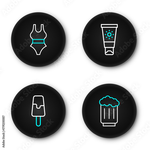 Set line Wooden beer mug, Ice cream, Sunscreen in tube and Swimsuit icon. Vector