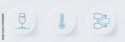 Set line Bottles of wine, Meteorology thermometer and Wine glass icon. Vector