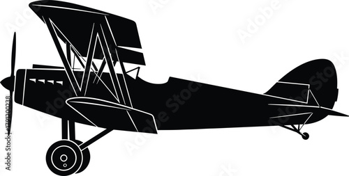 Vintage biplane silhouette illustration, early aircraft vector, aviation icon, black artwork, historical plane design, propeller aircraft, flight concept