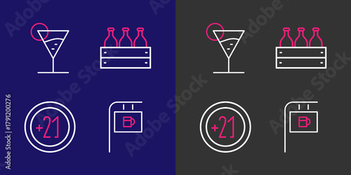 Set line Street signboard with Bar, Alcohol 21 plus, Bottles of wine in wooden box and Martini glass icon. Vector