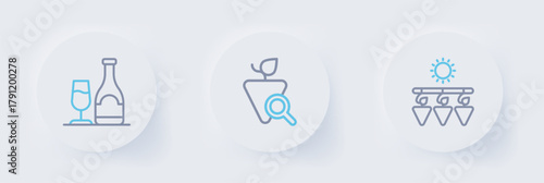 Set line Drying grapes, Grapes and Wine bottle with glass icon. Vector