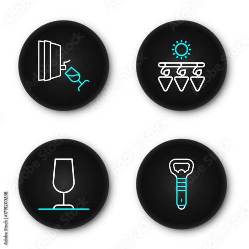 Set line Bottle opener, Wine glass, Drying grapes and tasting, degustation icon. Vector