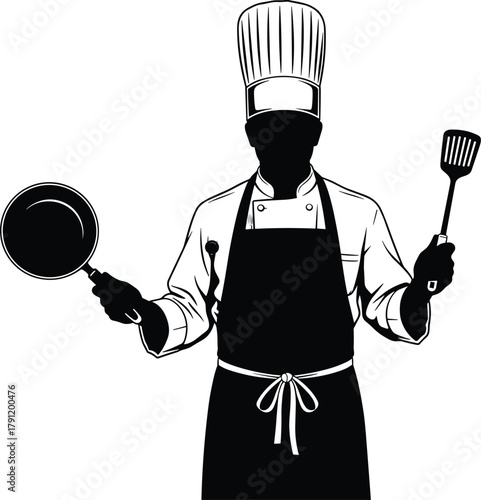 Chef silhouette illustration, cooking icon, culinary vector, kitchen professional, frying pan, spatula, apron design, restaurant theme, food preparation concept