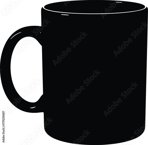 Coffee mug silhouette illustration, beverage container vector, black artwork, minimal drink icon, hot drink concept, kitchenware design, cafe theme