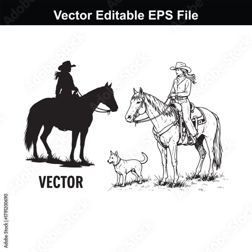 Cowgirl, horse and dog in silhouette and sketch, vector editable eps file