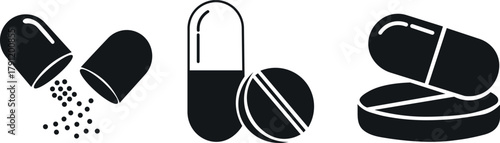 Pills and medicine silhouette vector icon set