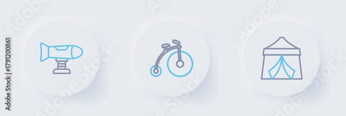 Set line Circus tent, Vintage bicycle and Swing plane icon. Vector