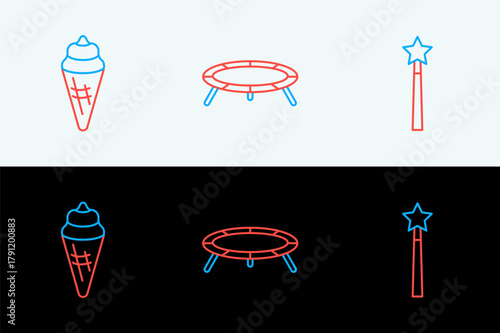 Set line Magic wand, Ice cream in waffle cone and Jumping trampoline icon. Vector