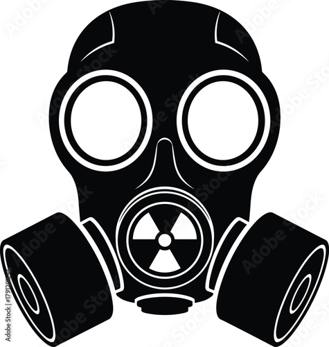 Gas mask silhouette illustration, protective gear vector, hazard icon, black artwork, radiation symbol, safety equipment design, contamination concept, emergency theme