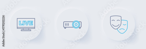 Set line Comedy and tragedy masks, Movie, film, media projector and Live stream icon. Vector