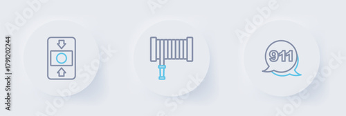 Set line Emergency call 911, Fire hose reel and alarm system icon. Vector