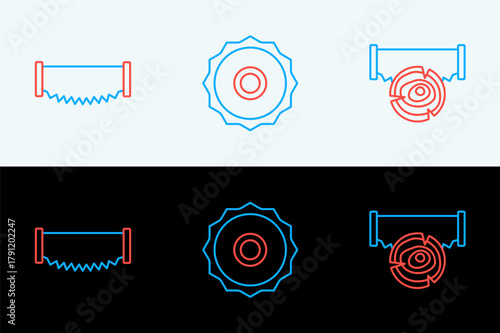 Set line Two-handed saw and log, Wooden beam and ircular blade icon. Vector