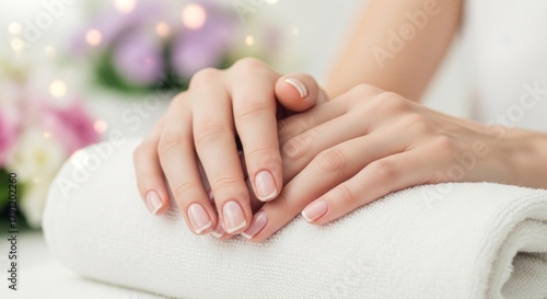 Wallpaper Mural Two elegant hands with polished nails resting on a soft white towel in a spa setting Torontodigital.ca
