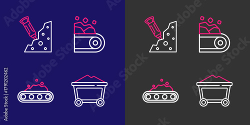 Set line Mine coal trolley, Conveyor belt carrying, and Construction jackhammer icon. Vector