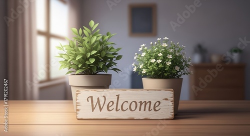 Two potted plants and a "Welcome" sign on a wooden table, sunlit room background