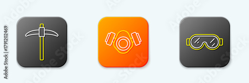 Set line Pickaxe, Gas mask and Safety goggle glasses icon. Vector