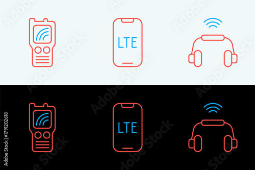 Set line Smart headphones system, Walkie talkie and LTE network icon. Vector