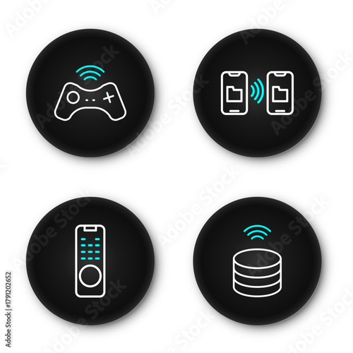 Set line Smart data server, Remote control, Data transfer and storage and Wireless gamepad icon. Vector