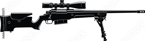 Sniper rifle silhouette, tactical weapon vector, long-range firearm icon, military gear design, black illustration, precision shooting, combat equipment concept