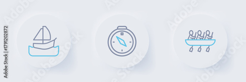 Set line Canoe rowing team sports, Compass and Yacht sailboat icon. Vector
