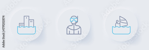 Set line Windsurfing, Wetsuit for scuba diving and Winner podium icon. Vector