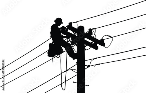 Utility worker silhouette, power line maintenance vector, electrical repair icon, safety gear, industrial job, infrastructure concept, black illustration, technician design