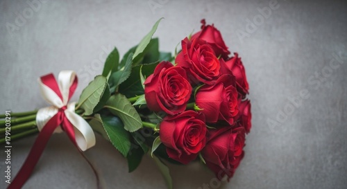 Vibrant red roses bouquet with a cream and red striped ribbon bow on a grey surface