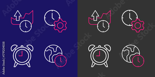 Set line World time, Alarm clock, Time management and Stocks market growth graphs icon. Vector