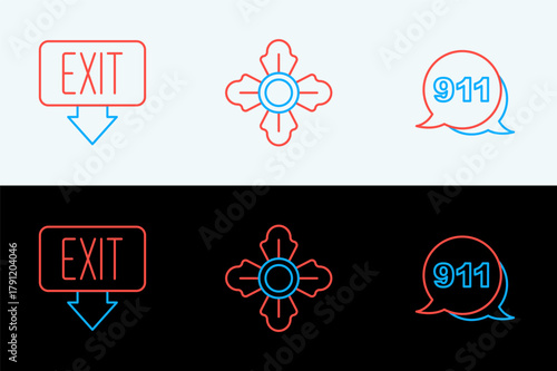 Set line Fire truck, exit and Firefighter icon. Vector