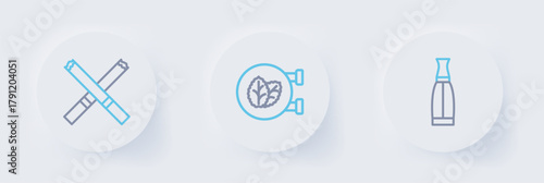 Set line Vape liquid bottle, Tobacco leaf shop and Cigarette icon. Vector