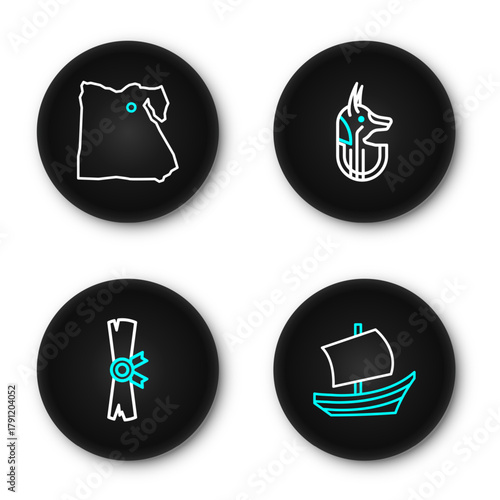 Set line Egyptian ship, Papyrus scroll, anubis and Map of icon. Vector