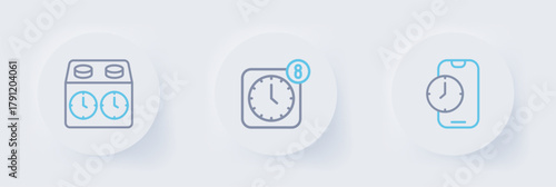 Set line Alarm clock app mobile, and Time chess icon. Vector