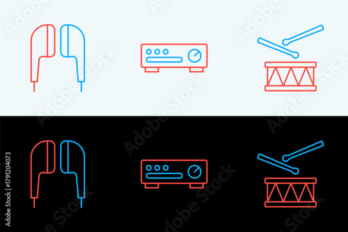 Set line Drum with drum sticks, Air headphones and Sound mixer controller icon. Vector