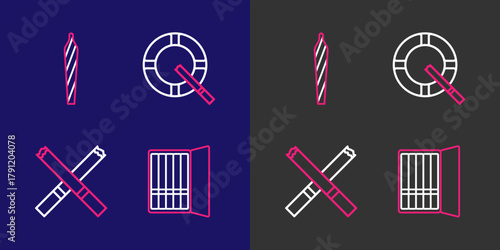 Set line Cigarette case, Ashtray with cigarette and Marijuana joint, spliff icon. Vector