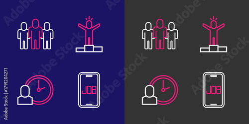 Set line Search job, Work time, Productive human and Project team base icon. Vector