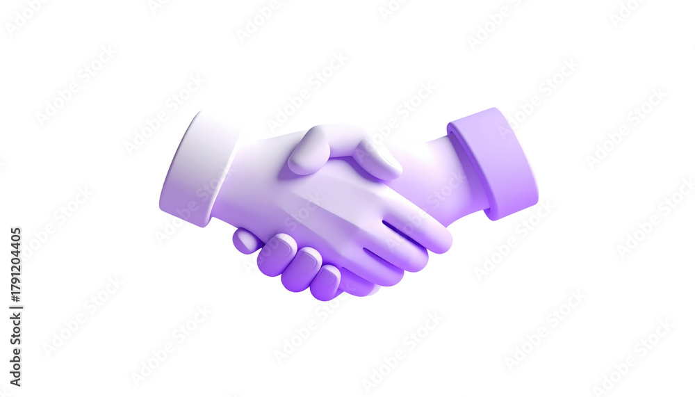 Fototapeta premium Stylized 3D rendering of a handshake, hands in white with purple highlights, set against a dark background