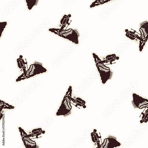 Christian pilgrim backpaker hand drawn seamless vector pattern. Religious home decor pilgrimage motif for scrapbooking paper. All over print for sunday school illustration. 