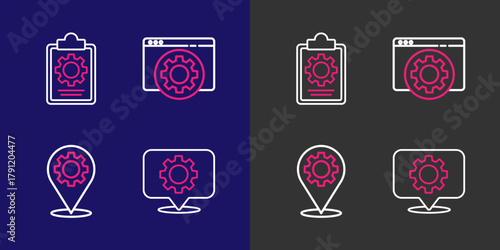 Set line Location with gear, Browser setting and Checklist 24 hours service icon. Vector