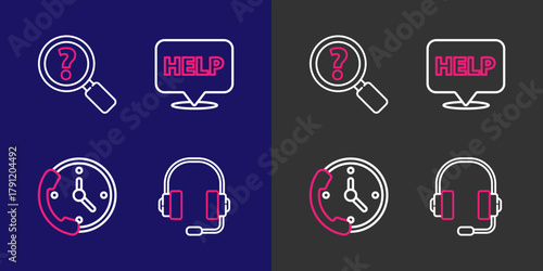 Set line Headphones, Telephone 24 hours support, Speech bubble with text Help and Unknown search icon. Vector