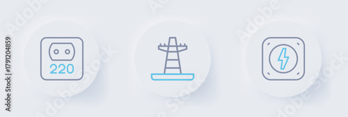 Set line Lightning bolt, Electric tower line and Electrical outlet icon. Vector