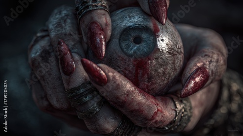 Intense horror scene of witch's hand holding an eyeball with blood, perfect for Halloween and dark fantasy projects, gripping suspense and chilling visuals