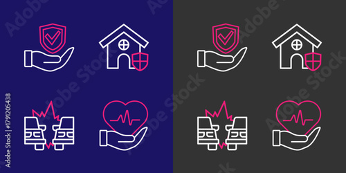 Set line Life insurance, Car accident, House with shield and Shield hand icon. Vector