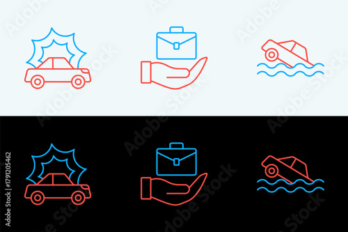 Set line Flood car, Car accident and Hand holding briefcase icon. Vector