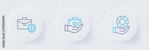 Set line Lifebuoy in hand, Travel suitcase and Briefcase with shield icon. Vector