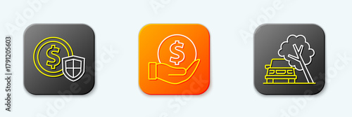 Set line Money with shield, and Car damaged by fallen tree icon. Vector