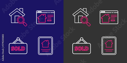 Set line Online real estate house, Hanging sign with text Sold, and Search icon. Vector