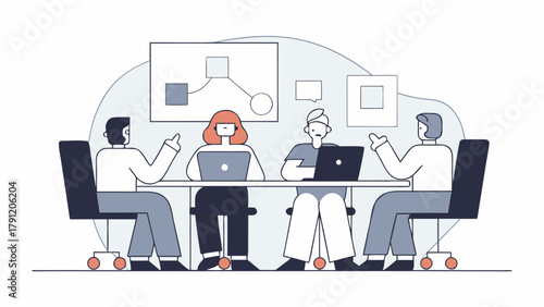 Vector illustration of a business team engaged in a collaborative brainstorming session, discussing a project workflow in a modern office